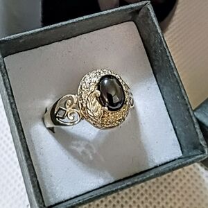 Vintage Silver Genuine Black Star Sapphire Textured Dome Ring Size 9